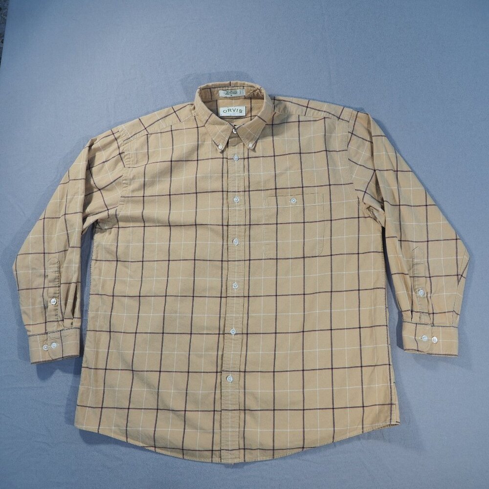 Orvis Shirt Mens Extra Large Beige Check Button Cotton Cashmere Outdoor Grandpa